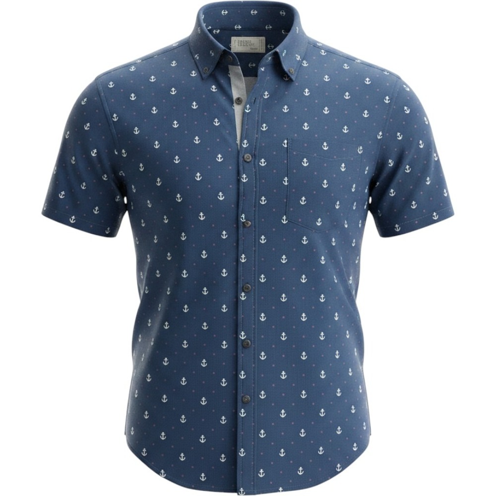 Free Planet Mens Navy Anchor Nautical 4th of July Short Sleeve Button Down L